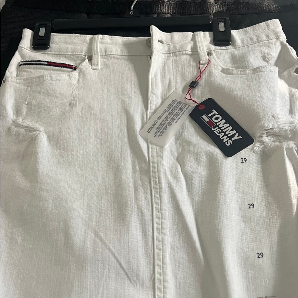 Tommy Hilfiger White Distressed Mini Skirt with Signature Trim